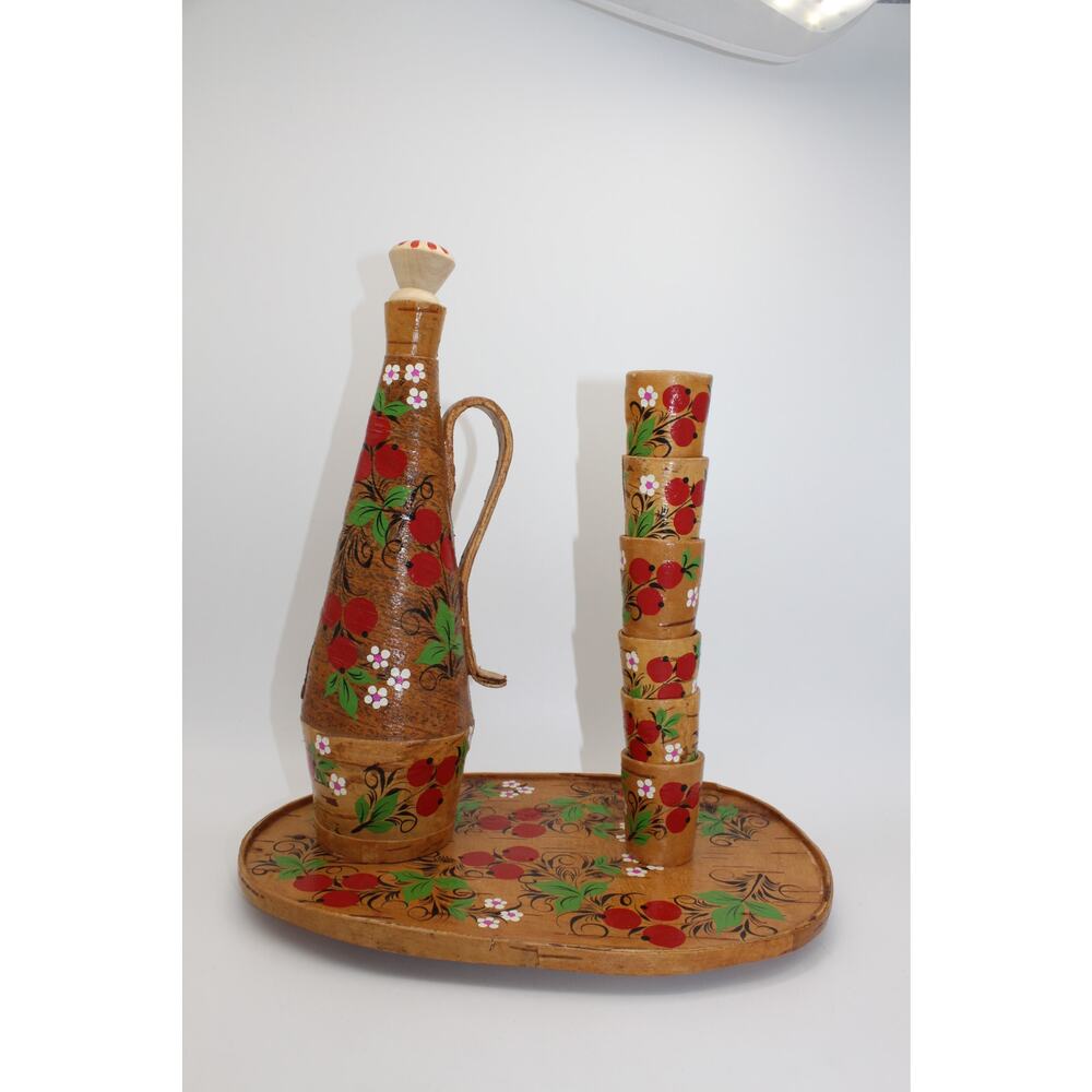 Vtg Ukrainian Wooden Hand Painted Cordial Home Decor Bar Decanter Drinkware Set